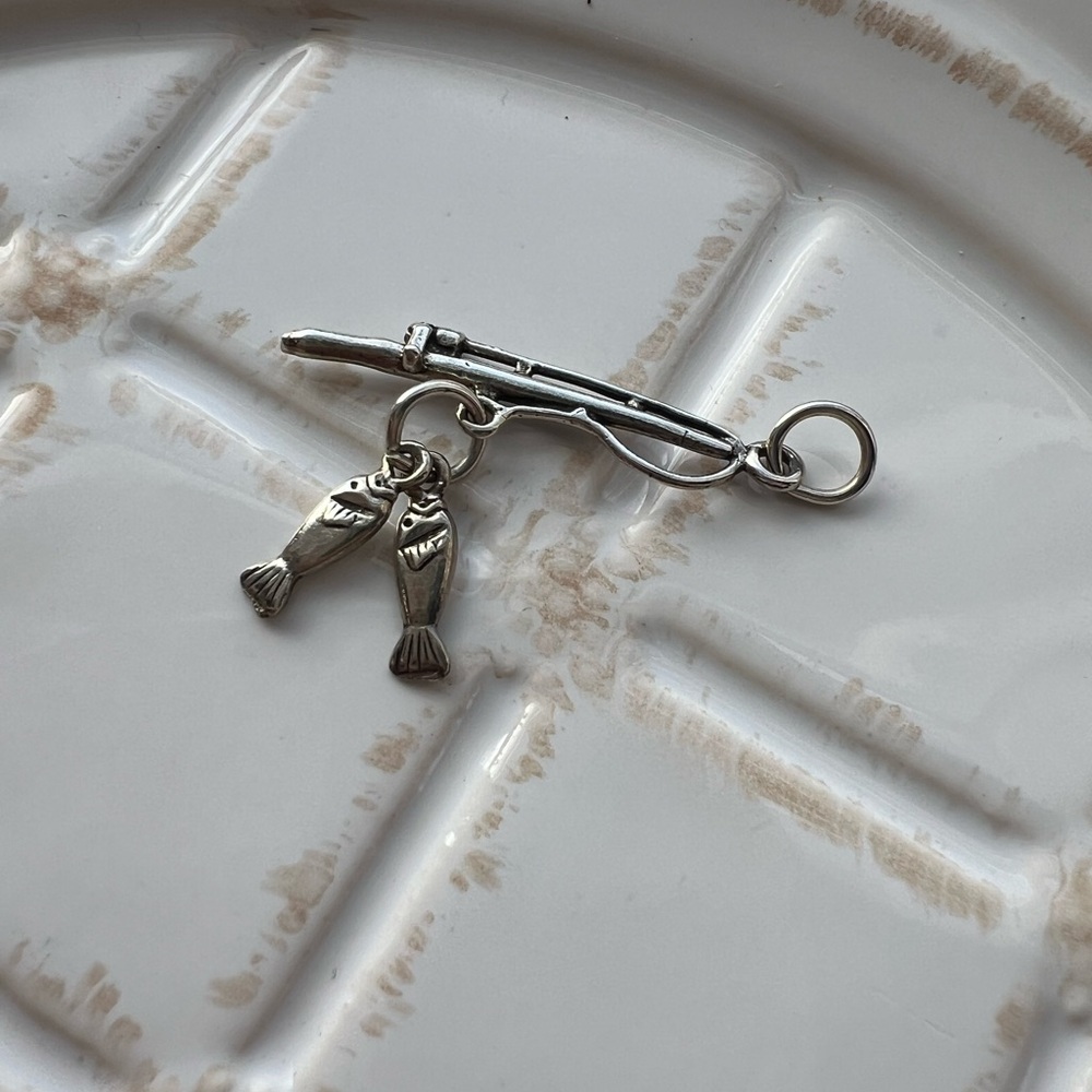 Vintage Fishing Pole Charm Pendant with Two Fish Silver Tone NOS